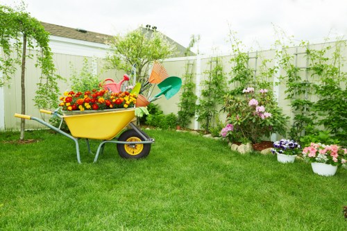 Lawn care and border maintenance in a Nunhead home garden