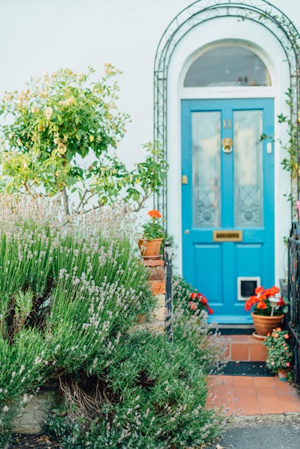 A small front garden featuring a vibrant blue front door with a semi-circular window above, set within a white-painted wall. Surrounding the entrance are neatly maintained garden beds filled with arom